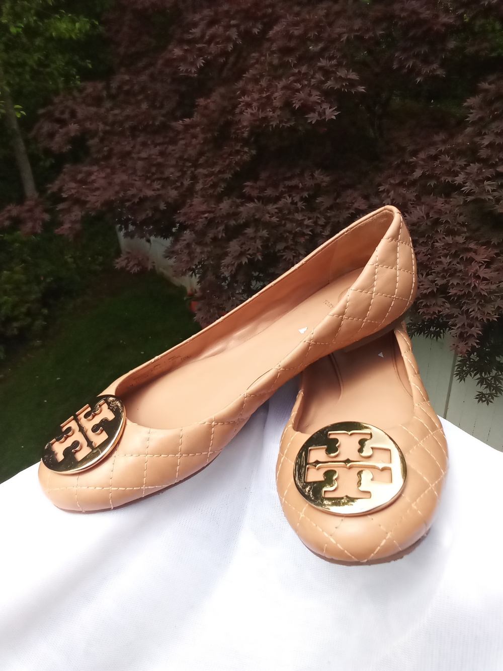 Tory Burch Quinn Quilted Leather Ballet Flats Royal Tan Gold Logo